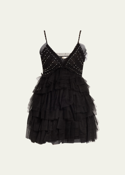 Loveshackfancy Jude Embellished Ruffled Tulle Mini Dress In Black