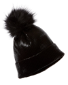 Adrienne Landau Metallic Beanie With Faux Fur Pom In Black