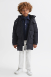 REISS ISAAC - NAVY SENIOR QUILTED HOODED COAT, UK 10-11 YRS