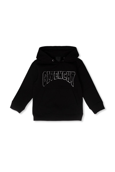 Givenchy Kids Logo Flocked Drawstring Hoodie In Black