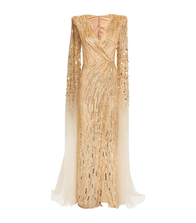 Jenny Packham Exclusive Draped Sleeve V-neck Gown In Gold