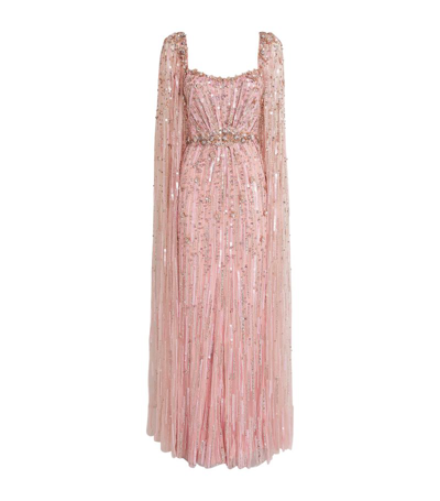 Jenny Packham Exclusive Embellished Cape-detail Gown In Pink