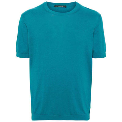Tagliatore Ribbed-edge Fine-knit Cotton T-shirt In Blue