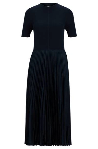 Hugo Boss Short-sleeved Dress With Knitted Top And Plissé Skirt In Blue