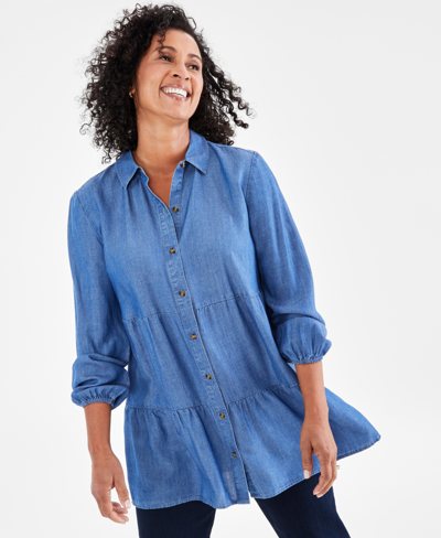 Style & Co Women's Tiered Button-front Chambray Shirt, Created For Macy's In Modern Wash