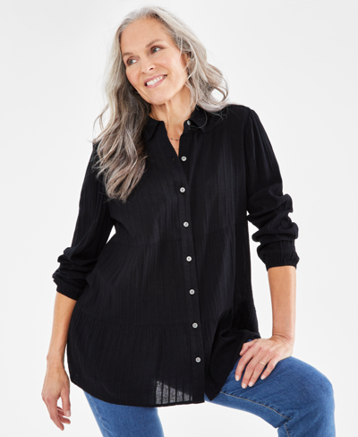Style & Co Petite Tiered Button-front Long-sleeve Shirt, Created For Macy's In Deep Black