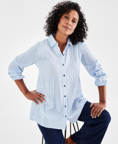 Style & Co Petite Tiered Button-front Long-sleeve Shirt, Created For Macy's In Frozen Blue