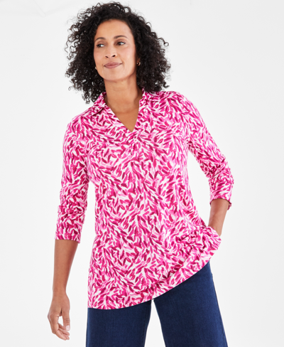 Style & Co Women's Printed 3/4 Sleeve Split-neck Collar Knit Tunic, Created For Macy's In Fern Candy Pop