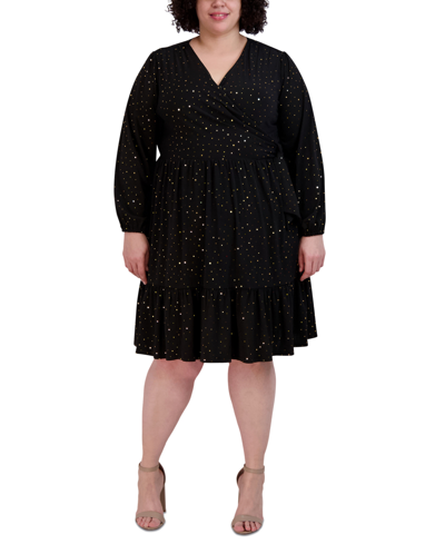 Robbie Bee Plus Size Printed Faux-wrap Long-sleeve Dress In Black,gold
