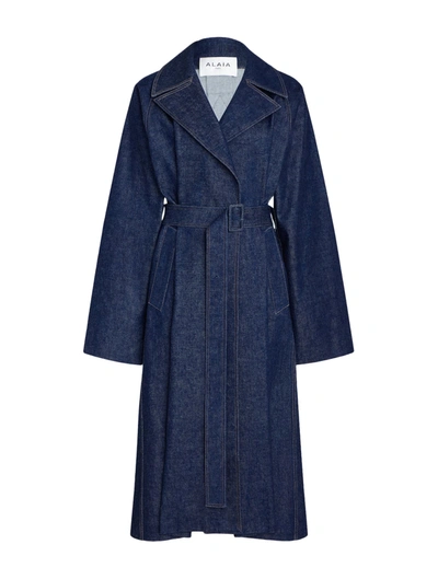 Alaïa Denim Trench Coat With Belt In Blue