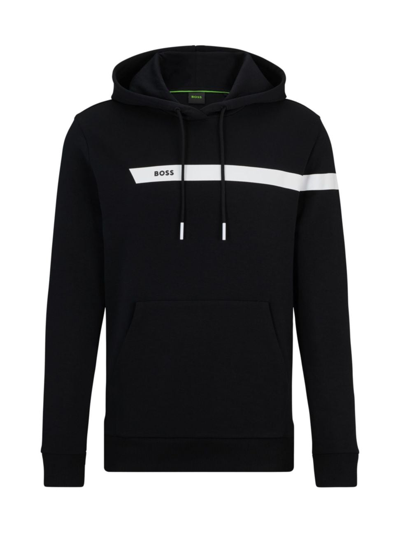 Hugo Boss Cotton-blend Hoodie With Graphic Logo Stripe In Black
