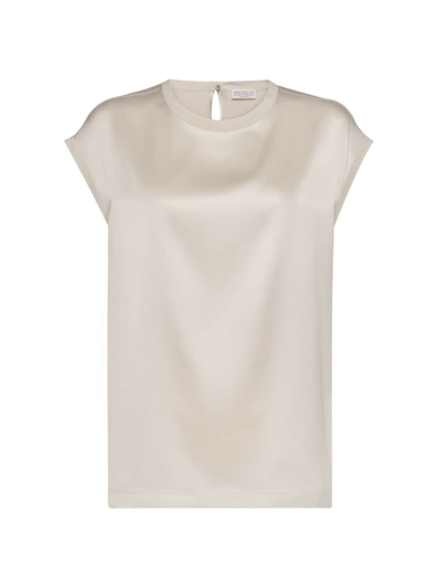 Brunello Cucinelli Women's Stretch Silk Satin T-shirt With Monili In White