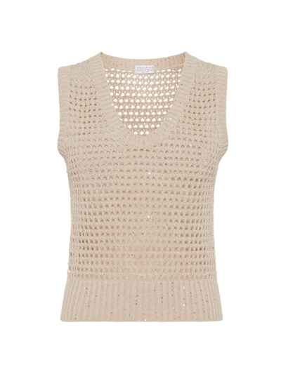 Brunello Cucinelli Feminine Camel Open Knit Cotton Top For Ss24