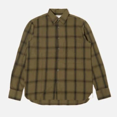 Universal Works Square Pocket Shirt Shadow Check Olive In Green