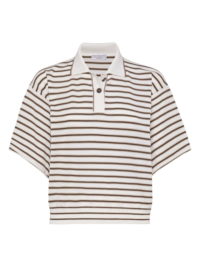 Brunello Cucinelli Women's Sparkling Stripe Lightweight Knit Polo T-shirt In Virgin Wool And Cashmere In Off White