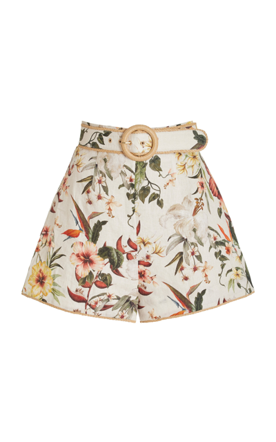 Zimmermann Lexi Belted Linen Shorts In Ivory Palm
