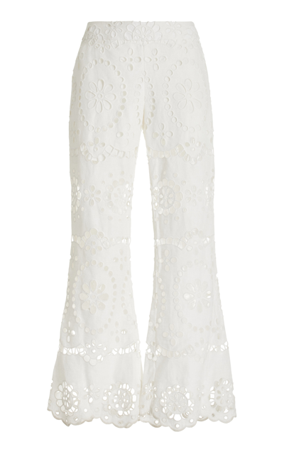 Zimmermann Carnaby Scallop Broderie Anglaise Linen Flared Pants In White