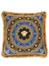 VERSACE GOLD, BLACK AND BLUE PILLOW IN SILK AND SYNTHETIC FIBERS WITH BAROQUE PRINT
