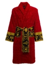 VERSACE S RED TERRY COTTON BATHROBE WITH BAROQUE DETAIL
