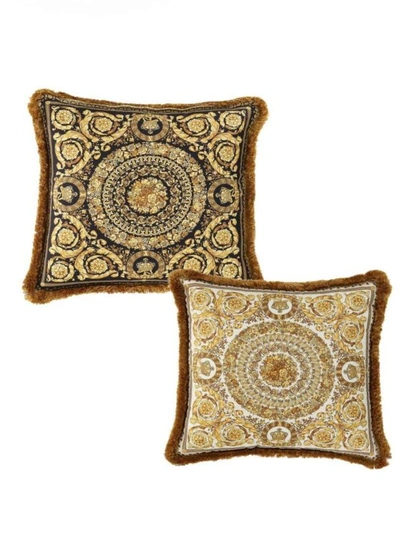 Versace Gold, Black And White Pillow In Silk And Synthetic Fibers With Baroque Print In Not Applicable