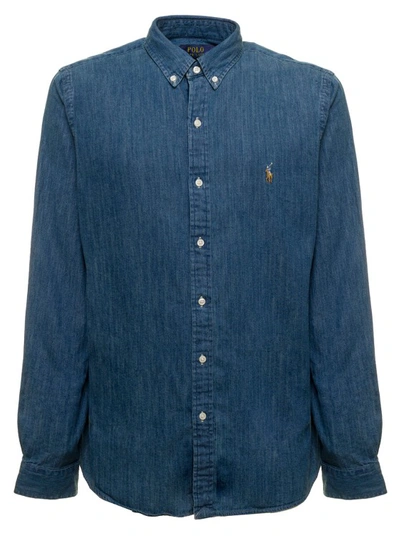 Polo Ralph Lauren Blue Slim Shirt With Logo Embroidery In Cotton Denim