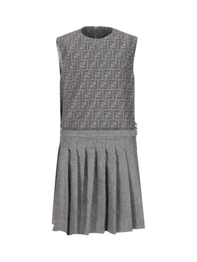 Fendi Kids Logo Printed Flannel Dress In Grey