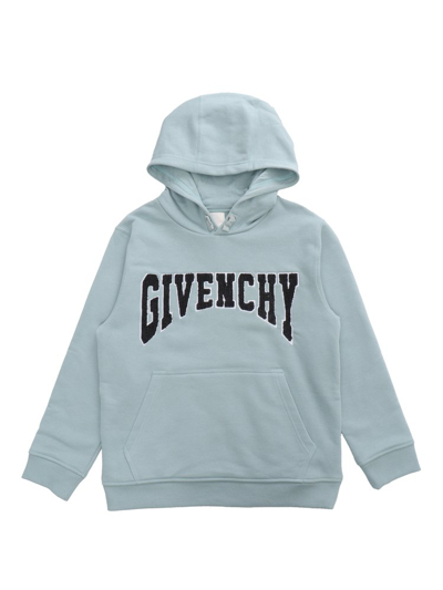 Givenchy Kids Logo Flocked Drawstring Hoodie In Blue