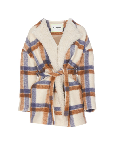 Ava Adore Check-print Belted Coat In Beige