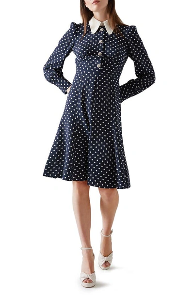 Lk Bennett Mathilde Polka Dot Long Sleeve Silk Fit & Flare Dress In Spring Navy/ Antique