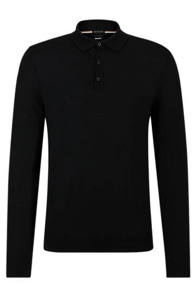 Hugo Boss Slim-fit Sweater In Responsible Wool With Polo Collar In Black