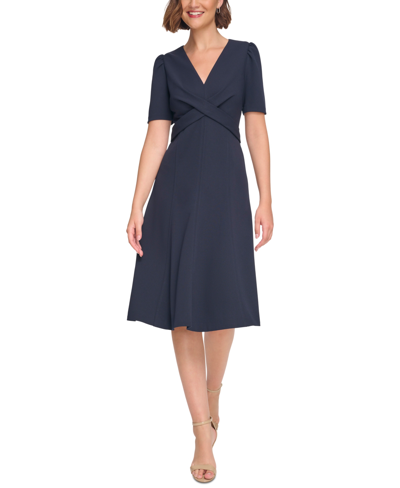 slim fit dress slacks Tommy Hilfiger Womens Petites Printed Knee Length Fit & Flare Dress Blue 4 main image 0