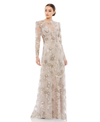 Mac Duggal Floral Embroidered Illusion Long Sleeve Evening Gown In Mocha