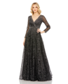 Mac Duggal Embellished Illusion Long Sleeve V Neck Gown In Grey