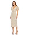 Mac Duggal Sequined V Neck Flutter Sleeve Tea Length Dress In Oyster