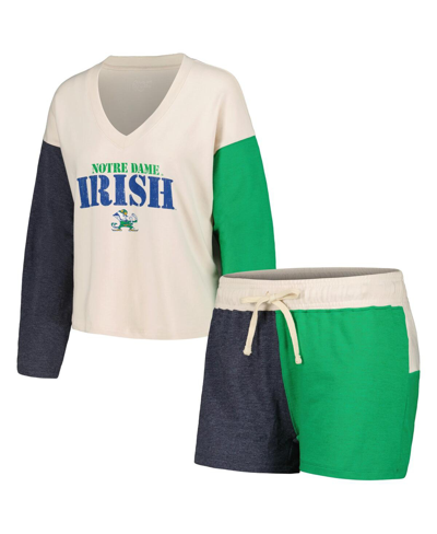 Wes & Willy Women's  Cream Distressed Notre Dame Fighting Irish Colorblock Tri-blend Long Sleeve V-ne