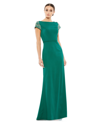 Mac Duggal Bateau-neck Embellished Cap-sleeve Gown In Emerald Green