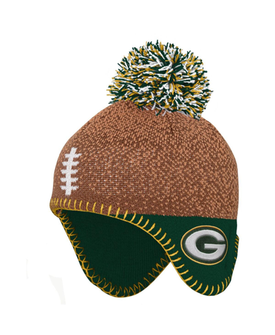 OUTERSTUFF PRESCHOOL BOYS AND GIRLS BROWN GREEN BAY PACKERS FOOTBALL HEAD KNIT HAT WITH POM