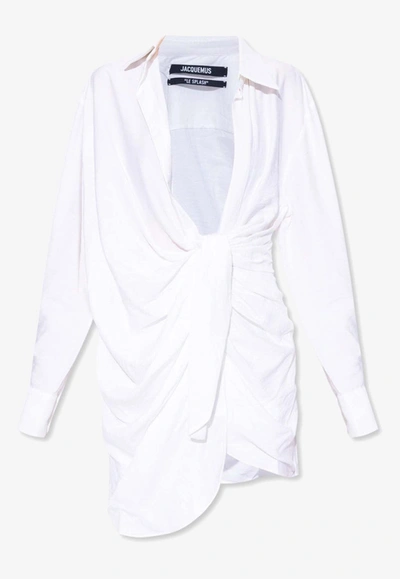 Jacquemus Bahia Asymmetric Mini Shirt Dress In 100