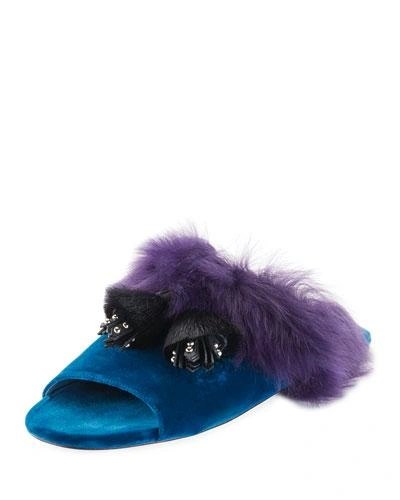 Prada Fur Tassel Slide Sandal In Blue