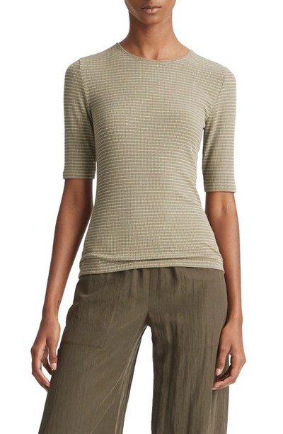 Vince Striped Elbow-sleeve Top In Artichoke/off Whi