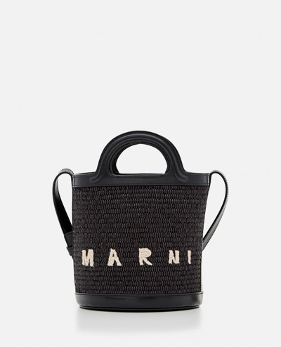 Marni Mini Tropicalia Raffia Bucket Bag In Black
