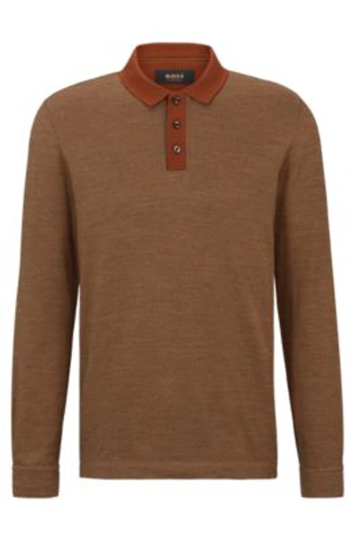 Hugo Boss Geometric-pattern Polo Shirt In Cotton And Wool In Brown