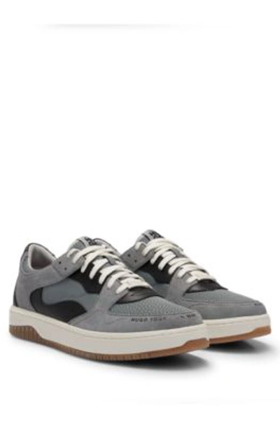 Hugo Lace-up Trainers In Faux Leather And Suede In Light Grey