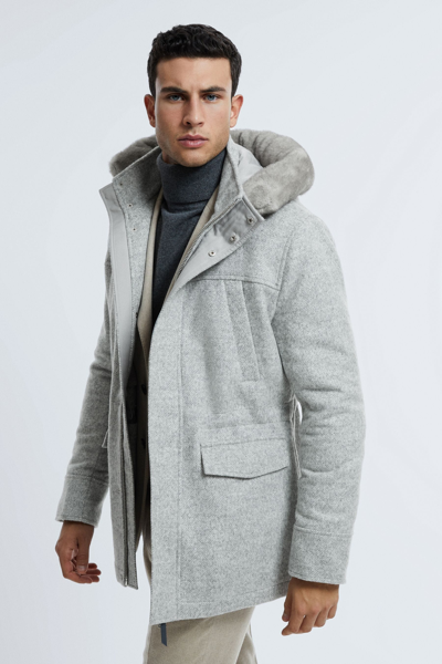 Atelier Wool Blend Removable Faux Fur Hooded Coat In Grey Melange