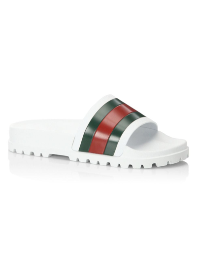 Gucci Men's Web Slide Sandals In Bianco