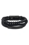 HMY JEWELRY BLACK STAINLESS STEEL LAVA BEAD & LEATHER LAYERED BRACELET