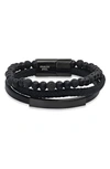 Hmy Jewelry Black Stainless Steel Lava Bead & Leather Layered Bracelet In Black