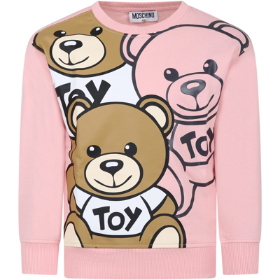 Moschino Kids' Pink Sweatshirt For Girl With Teddy Bears And Logo In Sugar Rose
