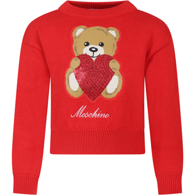 Moschino Kids' Teddy Bear 刺绣毛衣 In Red