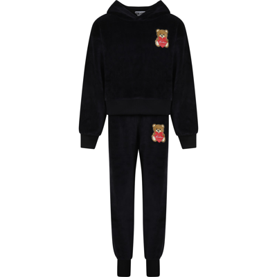 Moschino Kids' Black Suit For Girls With Teddy Bears And Logo